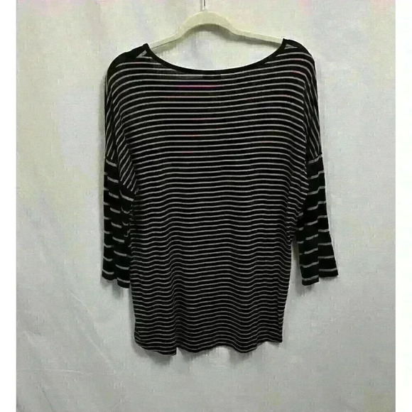 Cynthia Rowley Womens LG Tunic Rayon Top Black Tan Striped 3/4 Sleeve Hi Low Hem - Picture 10 of 10